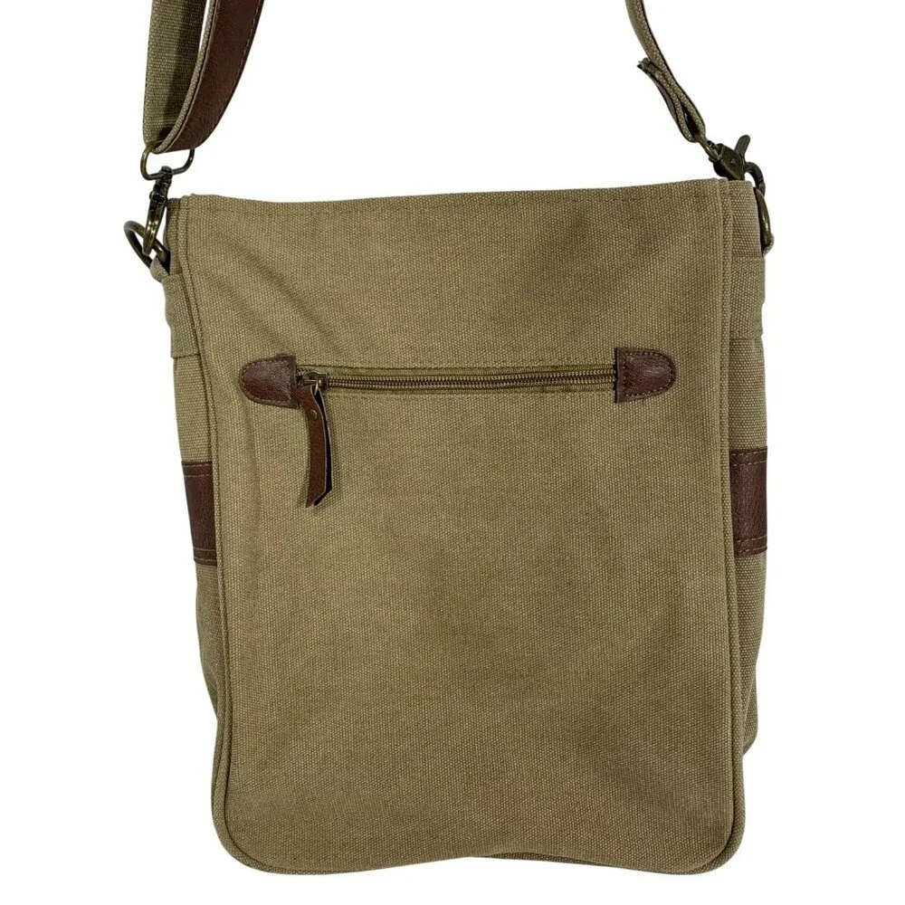 Heavy Khaki Canvas Faux Leather Trim Messenger Satchel Crossbody Bag Pockets EUC